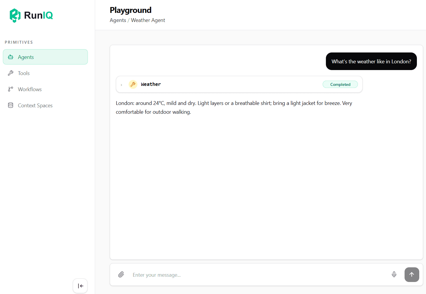 Runiq Dashboard showing agent runtime and tool execution visibility